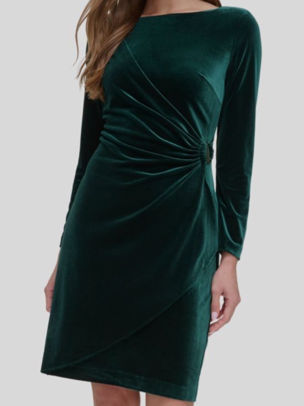 NWT DKNY Velvet Side Ruched Long Sleeve Dress Hunter Green Size 4